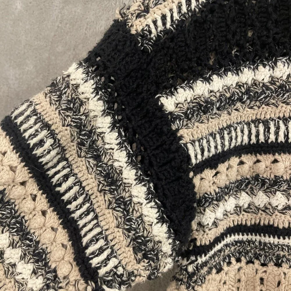Vtg  Christopher & Banks Hand Knit Cardigan Sweater Women’s M Black, White & Tan